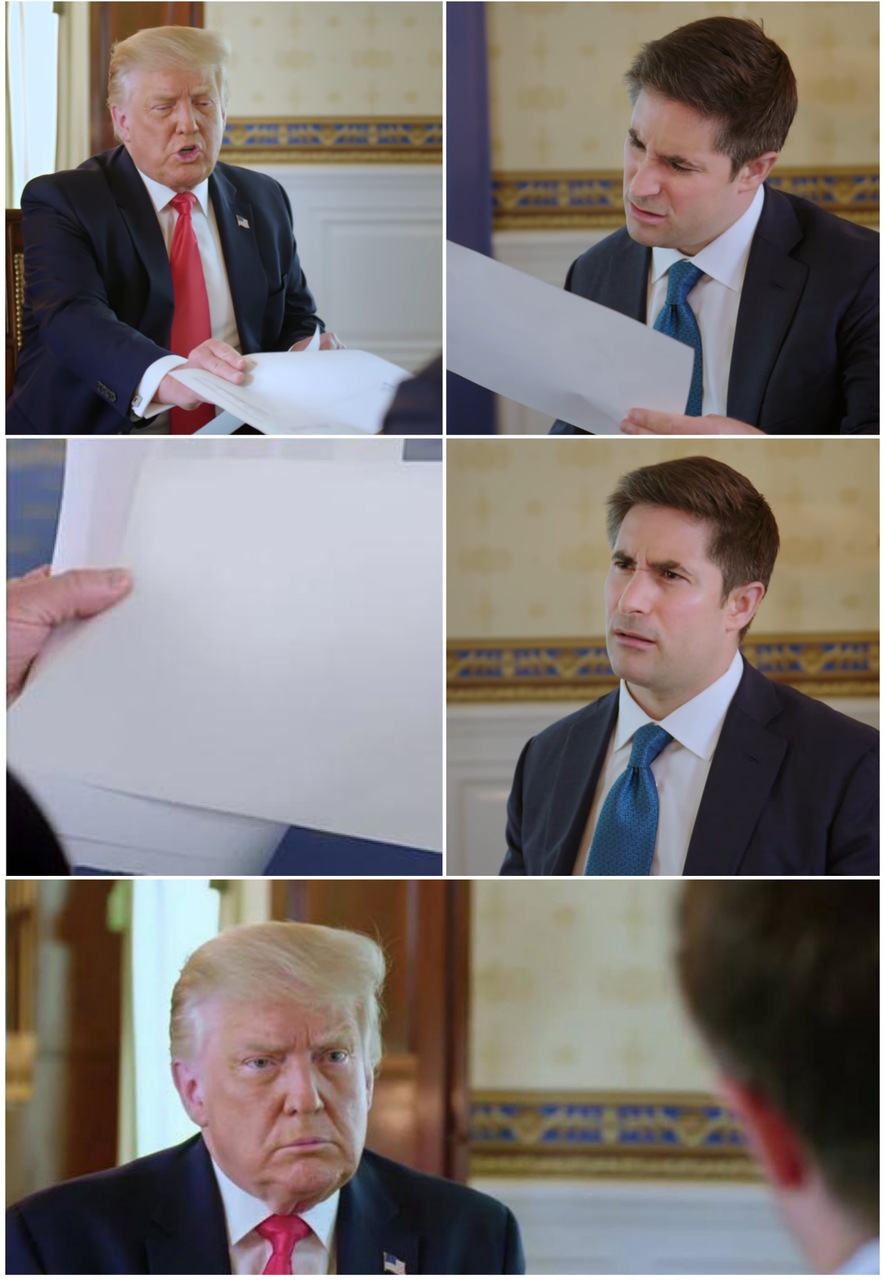Trump Hands Paper To Jonathan Swan meme template image