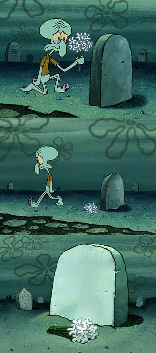 Squidward Leaving Flowers at Grave Meme Template