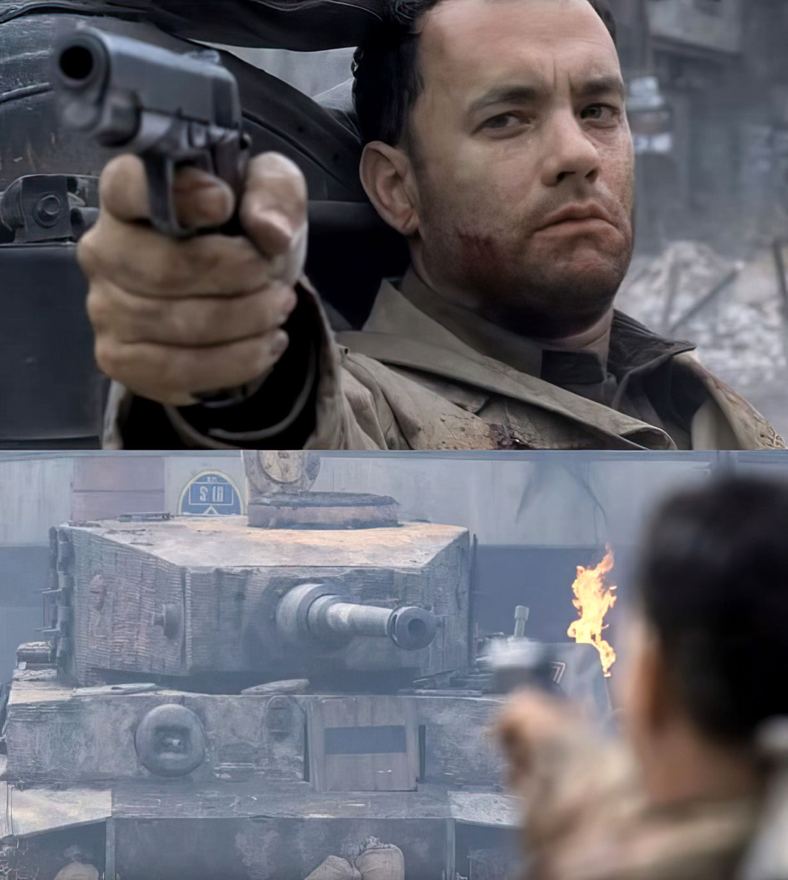 Saving Private Ryan Pistol Pointing at Tank Meme Template