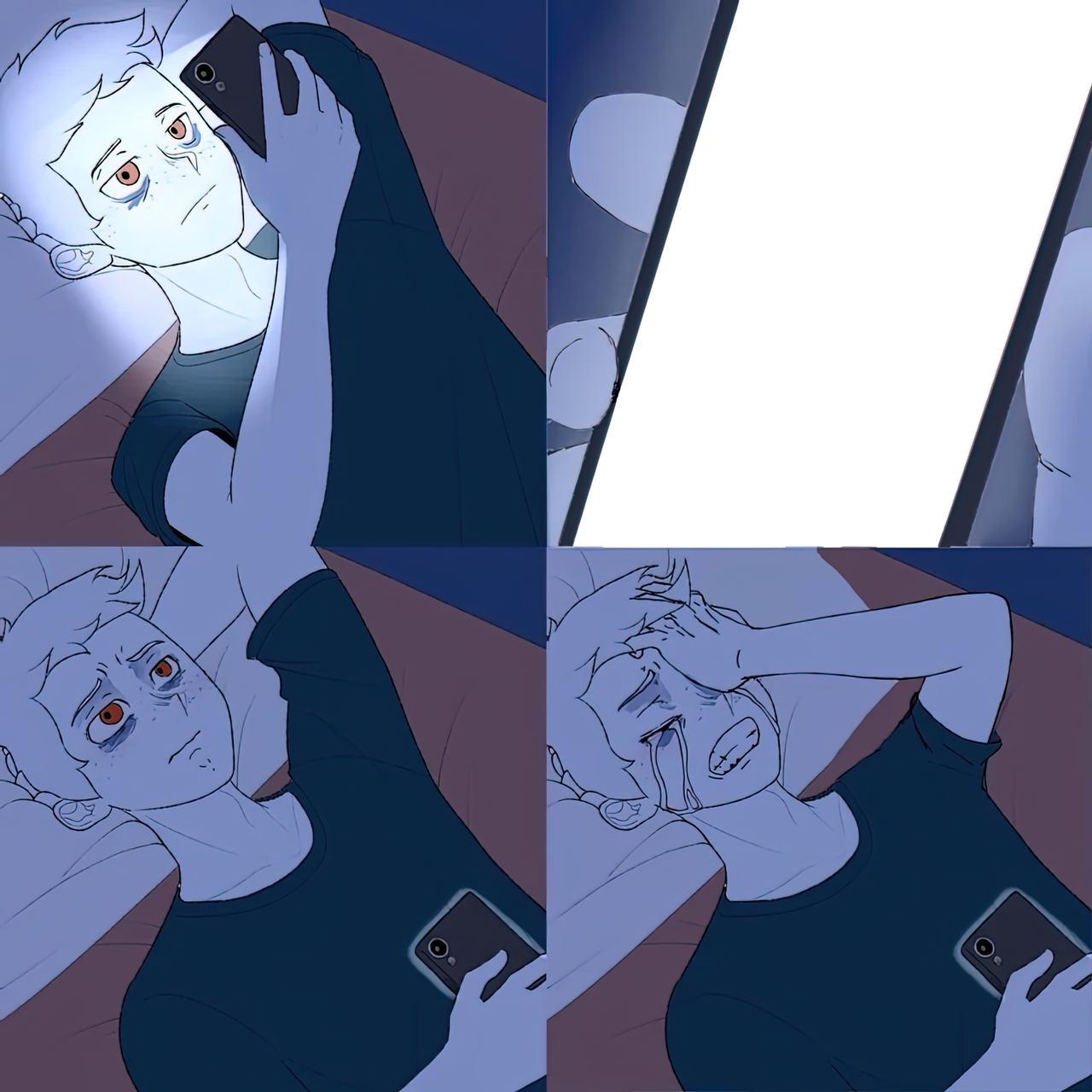 Lying in Bed Crying and Looking at Phone Screen Template meme template image