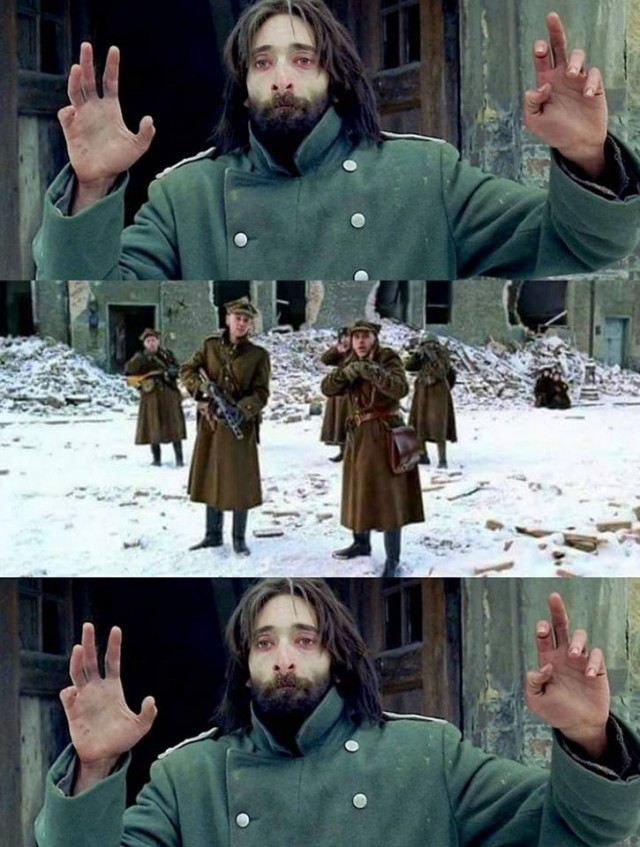 The Pianist Holding Hands Up Meme Template