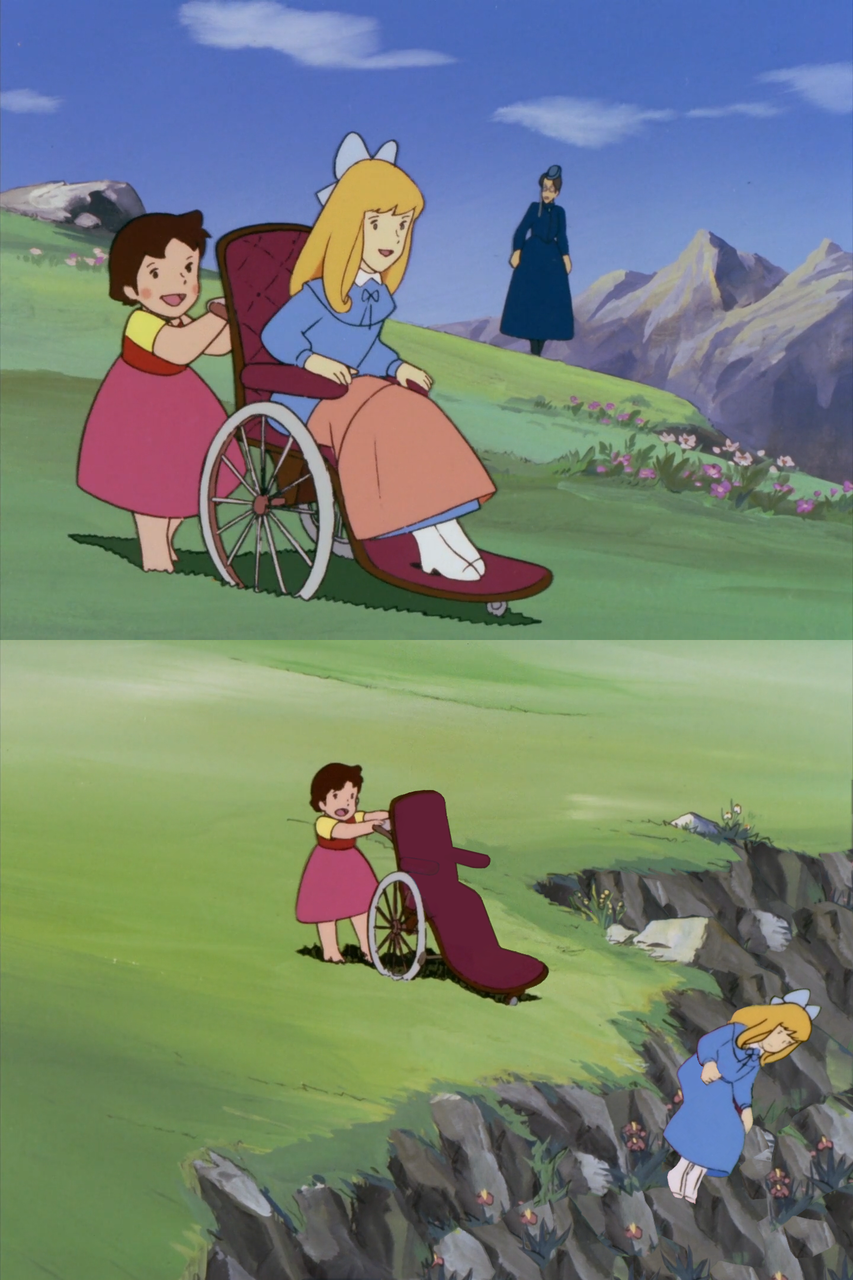 Heidi Pushing Wheelchair Off Cliff meme template image